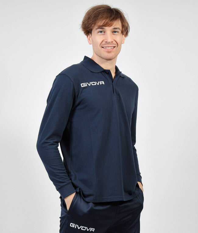 Μακρυμάνικη μπλούζα πόλο POLO COTONE PIQUET WINTER μπλε